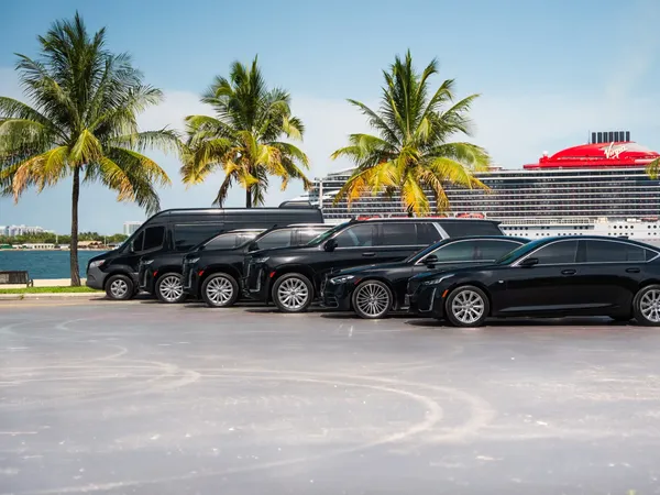 Black sedans, SUVs and a Sprinter van lined up by the water