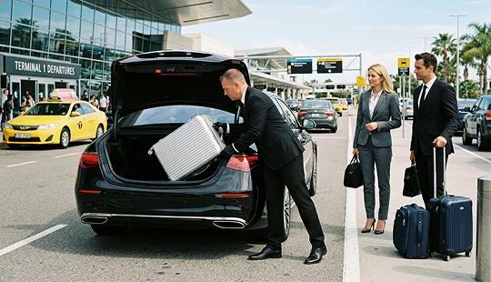 Chauffeur loading luggage into a car at a Los Angeles airport terminal
