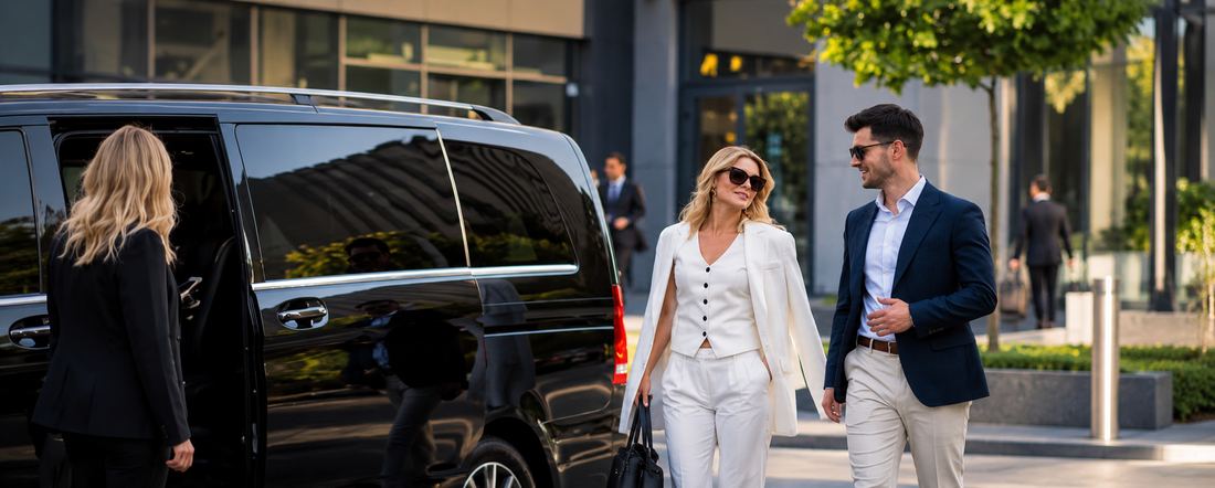 Business travelers walking to a waiting black SUV