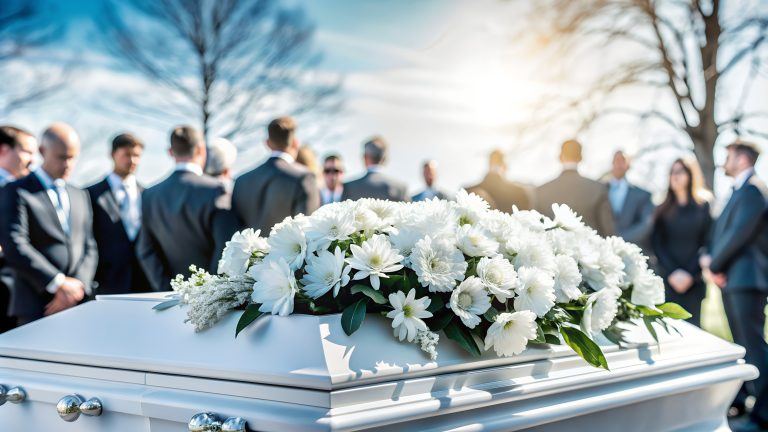 Casket with white flowers at a graveside service