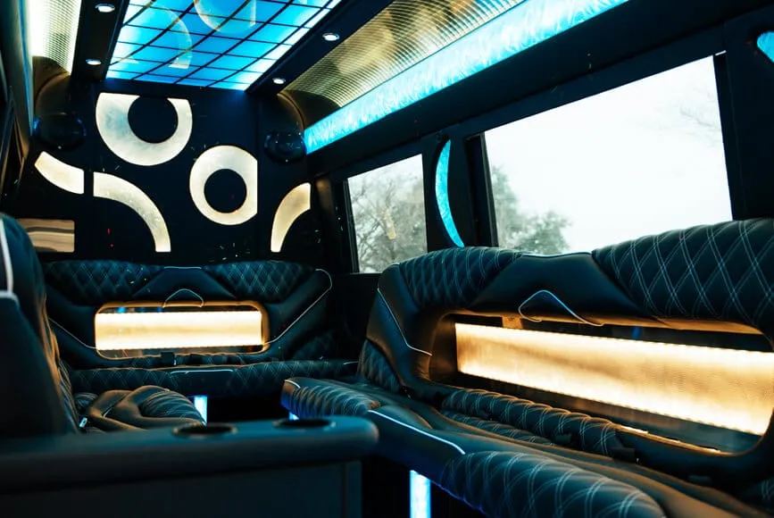 Leather seating and lighting inside a stretch limousine
