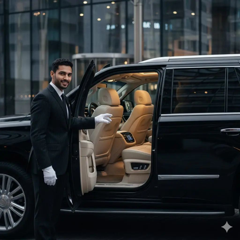 Chauffeur in a suit holding open the door of a black SUV