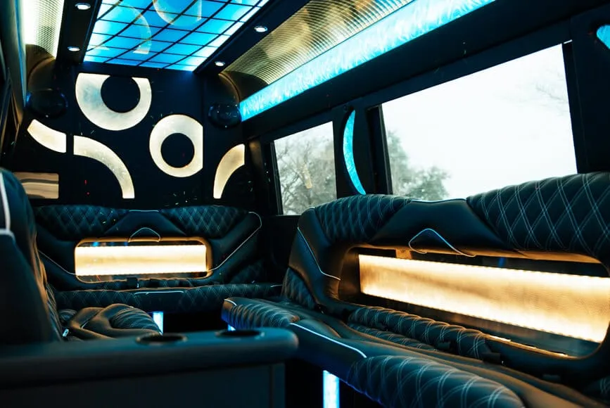 Leather seating and ambient lighting inside a Los Angeles stretch limousine
